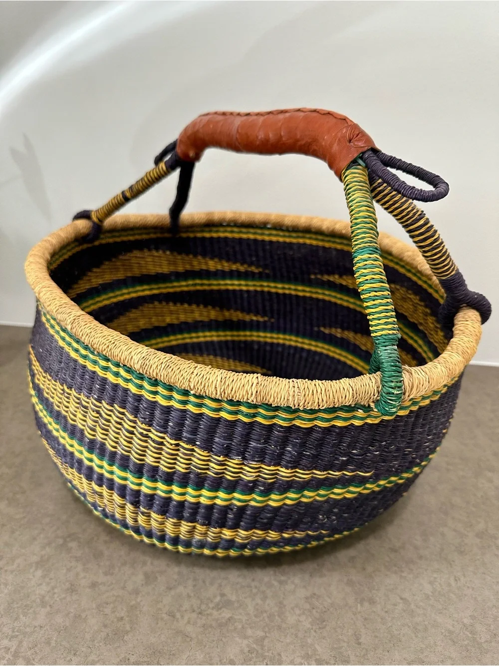 Large Bolga Basket Woven Striped Storage Basket Leather Handle Multicolor Ghana